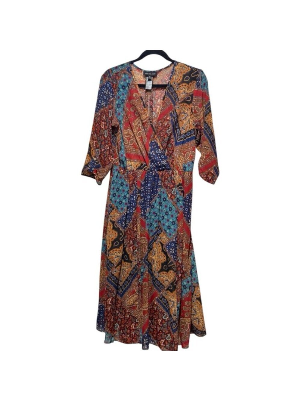 Stella & Julie Sz 12 Brown Patchwork Paisley V-Neck Sheer Chiffon Midi Dress - Picture 4 of 8